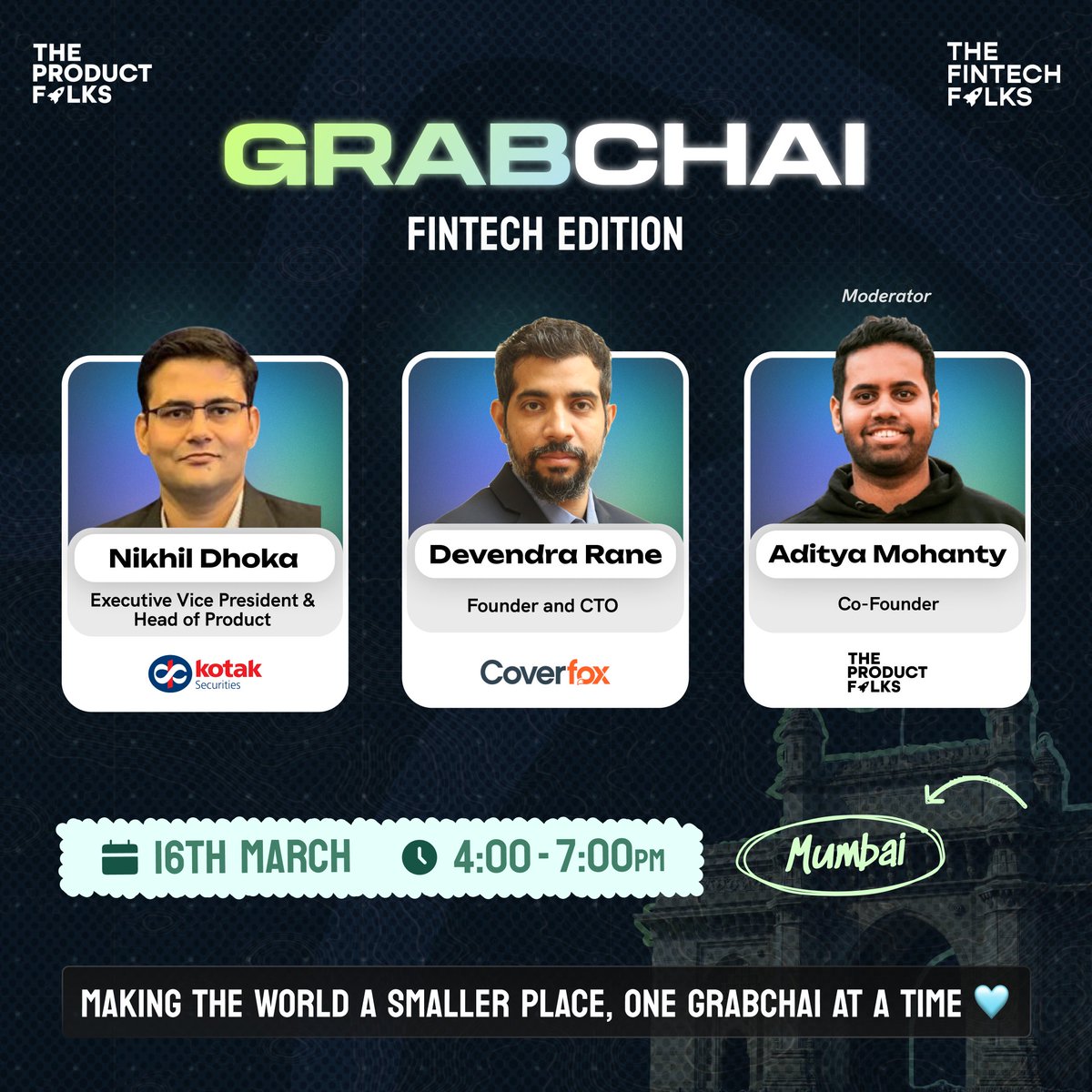 🚀 Mumbai, Fin-Tech it up this weekend with the best product minds ⤵ 📈 Join us in the finance capital for a thrilling mixer with The Fintech Folks & @kotaksecurities! 🥁 Meet our lineup: 👉🏼 Nikhil Dhoka, EVP of Product at @kotaksecurities (ex-Paytm) 👉🏼 Devendra Rane,