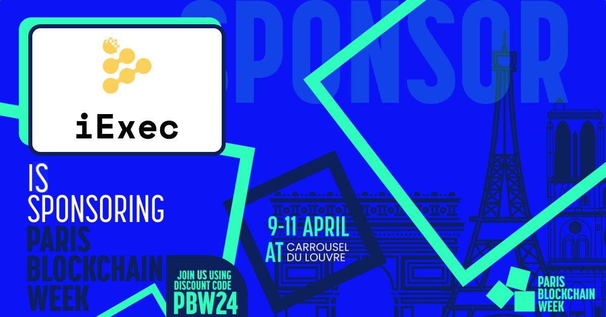iEx_ec's tweet photo. See you in April @ParisBlockWeek!  

iExec will be back exhibiting our platform to Building, Own, and Monetize in #Web3. 

Can't wait for exciting conversations around #AI and #DePin, and how iExec and confidential computing can drive these emerging industries! https://t.co/P6gBsmr5fX
