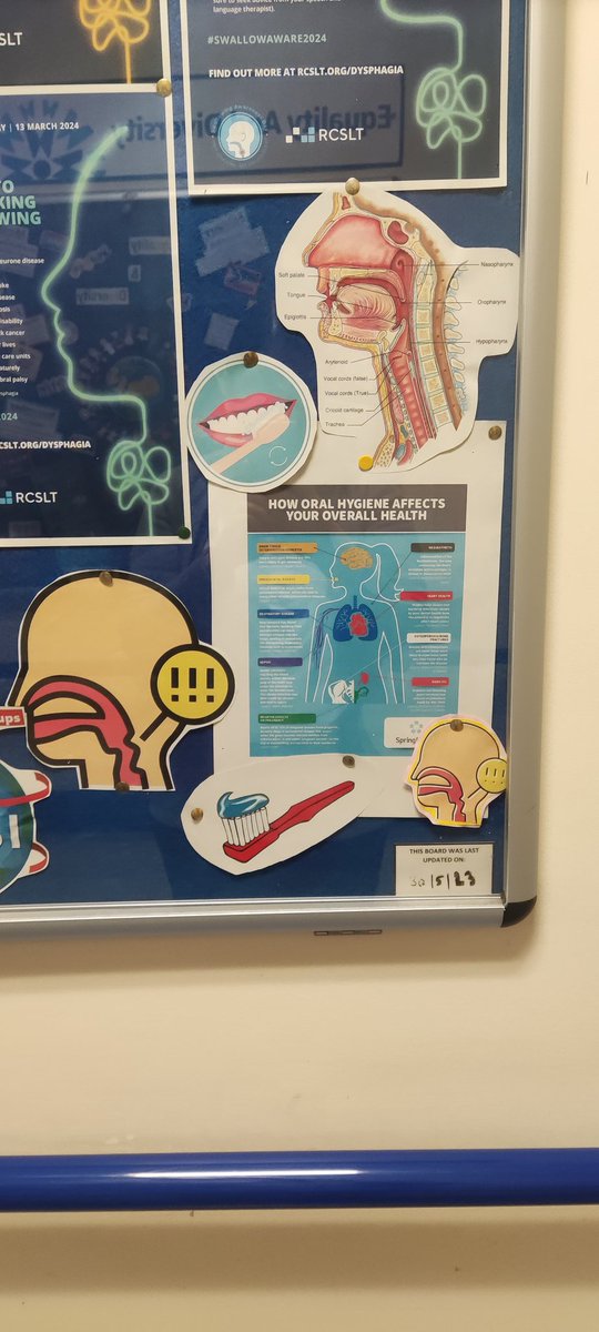 Today is swallow awareness day 🗣️👄 a day to highlight the importance of swallowing health and the roles speech & language therapists play in supporting those affected by dysphagia. Here is the SLT noticeboard on INRU to mark today #Swallowaware2024 @RCSLT @MFT_CSS