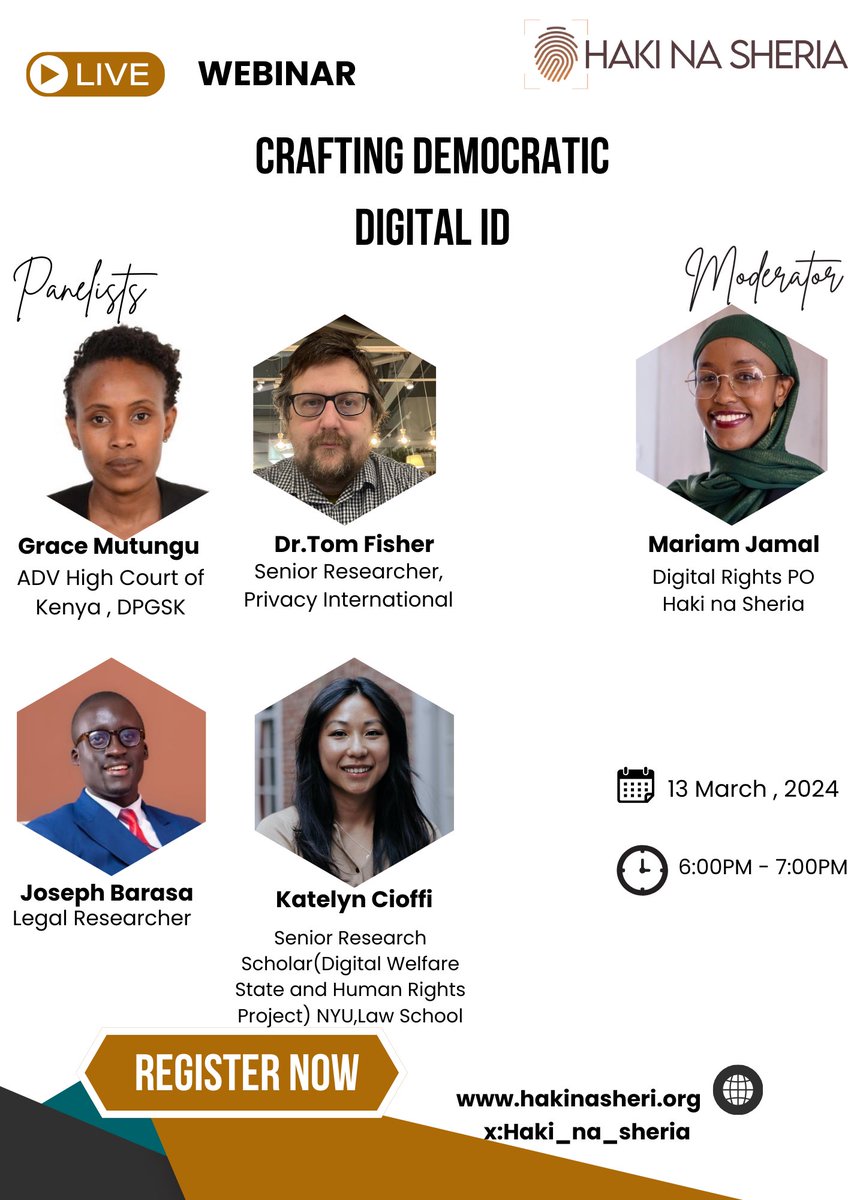 Haki_na_Sheria's tweet photo. Haki na Sheria invites you to Crafting democratic digital ID on 13th of March 2024 from 6-7p.m EAT to launch a research brief titled: Crafting a democratic blueprint: Designing digital ID for the people.

#DigitalID #MyIDMyRight 

https://t.co/akp14bvhUq https://t.co/3g7mZxavcz