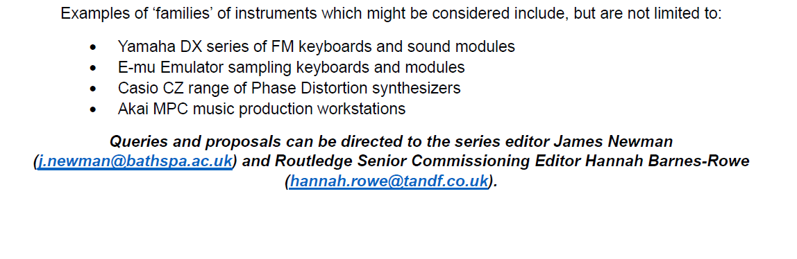 #CFP for a new Routledge Series - we are seeking proposals that offer insights into how key electronic #musical #instruments were designed and marketed and subsequently used, adapted and reimagined by generations of #musicians, #producers and #DJs. Share & #retweet! 🎶