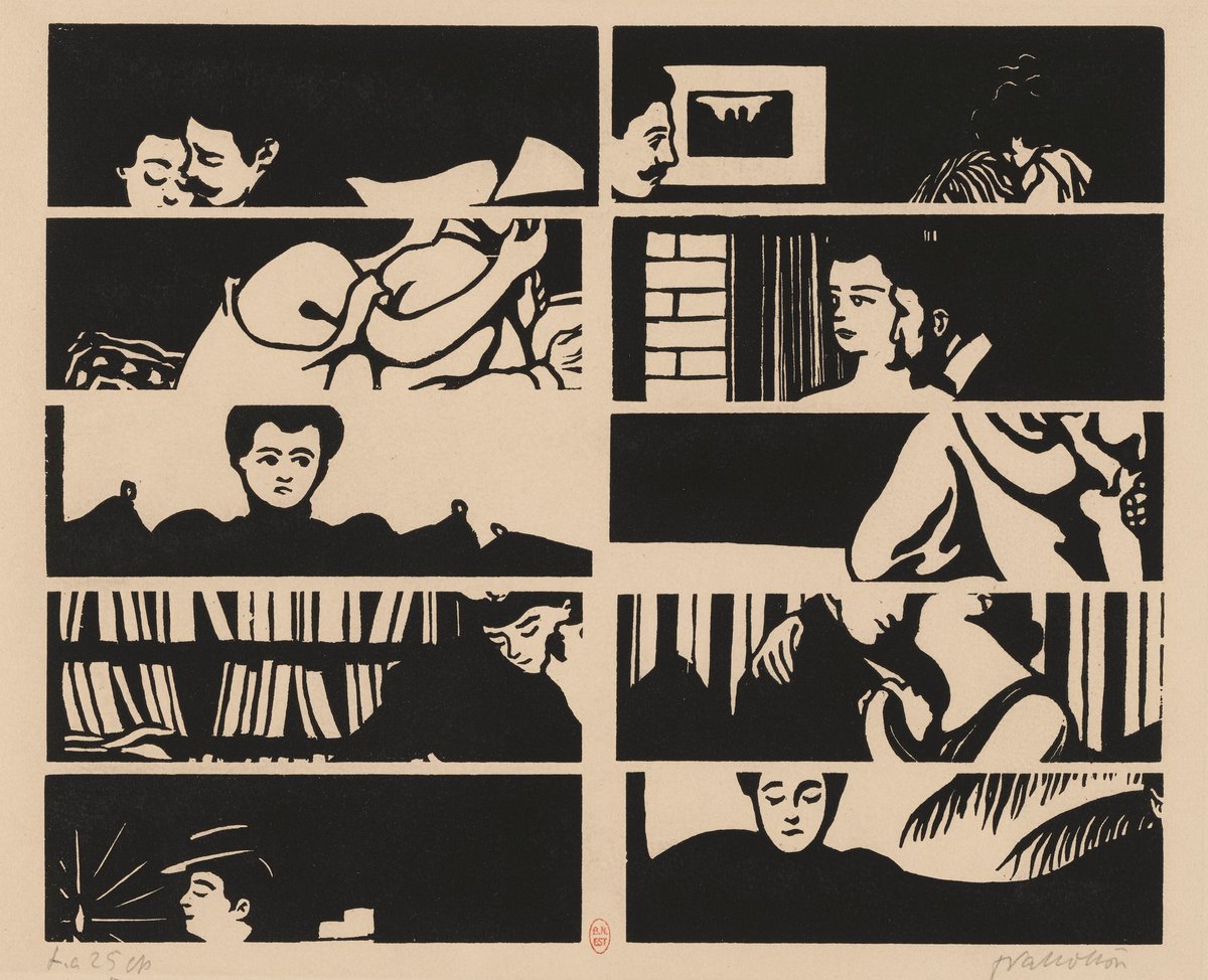 #AttentionTrésor ! 'Intimités', série de 10 gravures sur bois de Félix Vallotton publiée en 1898, dans 'La Revue blanche'. Avec, en ouverture, cette magnifique gravure supplémentaire composée de fragments de chaque planche. => c.bnf.fr/Qd5