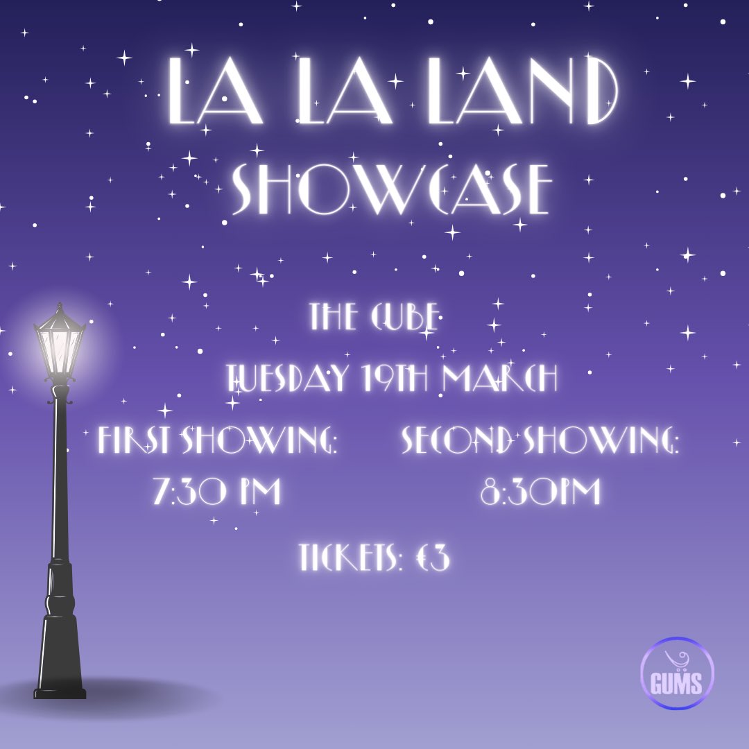MusicalSoc_UG's tweet photo. Our incredible Inters team will be doing two performances of La La Land next Tuesday 19th!! 
These performances will run for 20 minutes and will take place at 7:30pm and 8:30pm in the Cube of Áras na Mac Léinn! 
Tickets are €3 and can be bought at the link in our bio!! https://t.co/Kf9O44YqMk