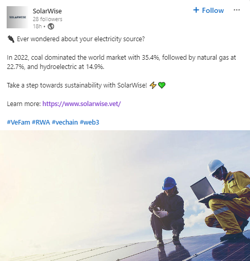 eisenreich's tweet photo. "In 2022, coal dominated the world market with 35.4%, followed by natural gas at 22.7%, and hydroelectric at 14.9%. Take a step towards sustainability with #SolarWise!" #RunsOnVechain 🌱

#vechain $VET #Blockchain #Tech #Sustainability https://t.co/3ZuexklHYO