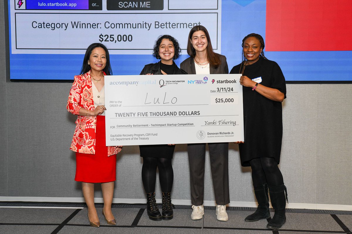 accompanycap's tweet photo. Congrats to @wearglubbs, @PolyDubApp, Lulo &amp; Taperk who took home the top prizes at #TechImpactNY as well as to runners-up @PigPugHealth, TimeStat, @westxeast  &amp; @InSpirAve! Big thanks to partner @TechIncubatorQC &amp; to @NYTechAlliance, @StartbookApp &amp; @CivicHall for a great event! https://t.co/VQszkkDbIO