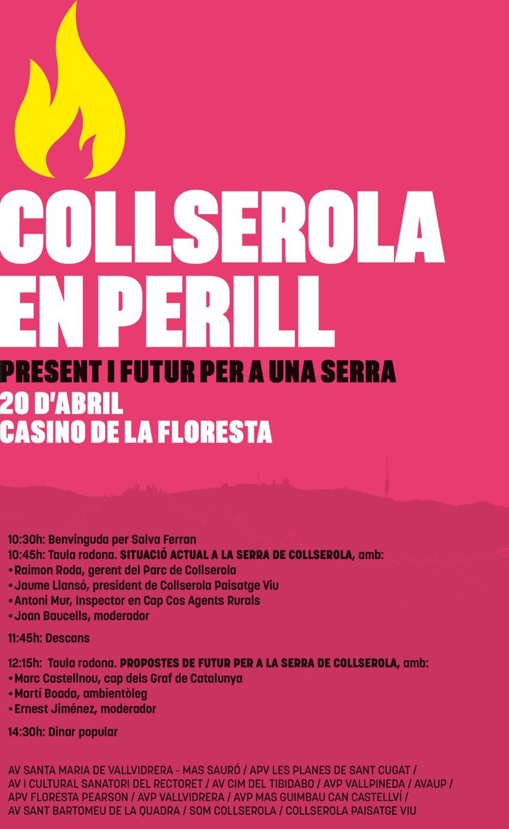 Jornada el 20 dabril #collserolaenperill per exigir franges ben fetes, mes inversions per prevencio, mes gestió forestal. 
<a href="/Collserolapais1/">Collserolapaisatgeviu</a> <a href="/LluitaMasSauro/">LluitaMasSauró</a> <a href="/LluitaGuimbau/">LluitaMasGuimbau</a> #barrisdemuntanya #collserola #Catalunya