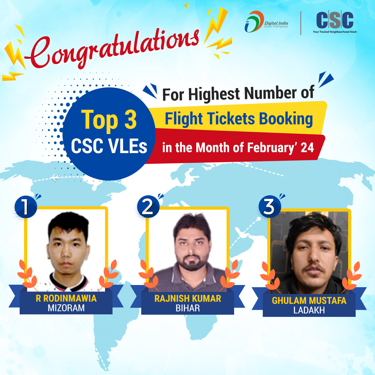 Happy to inform you!! Congratulations to the Top 3 CSC VLEs for booking the highest number of Flight Tickets in February'24. #cscsafar #csc #digitalindia #cscairbooking #flightbooking #flightservices #flighttickets