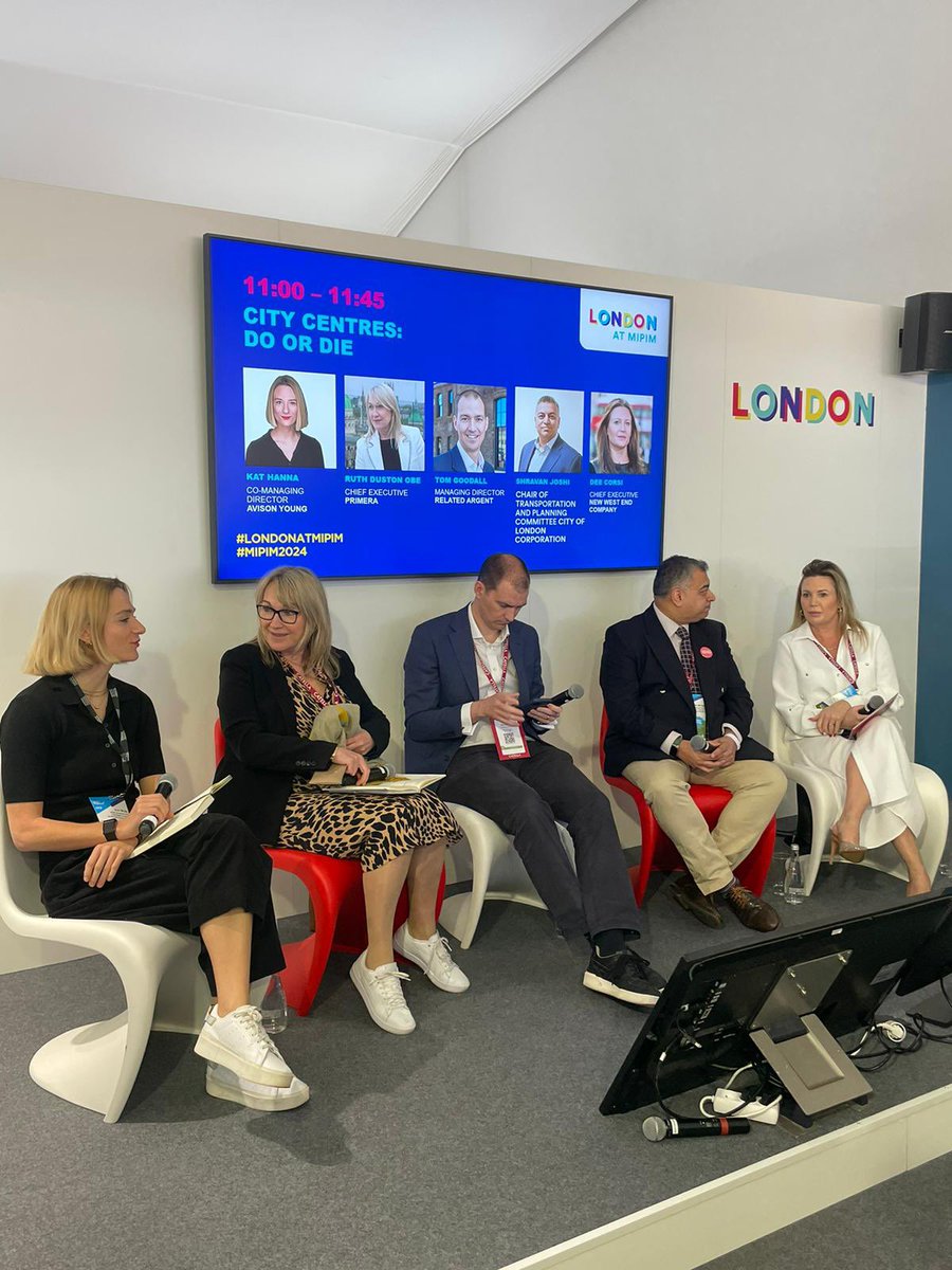 Over @LondonatMIPIM, @Kat_HannaLDN chaired a discussion on what London needs to do to entice retailers and shoppers back. Kat is joined by @RuthDuston @PrimeraLondon, Tom Goodall @RelatedArgent, Dee Corsi @newwestend, and @ShravanJoshi @cityoflondon. #MIPIM2024