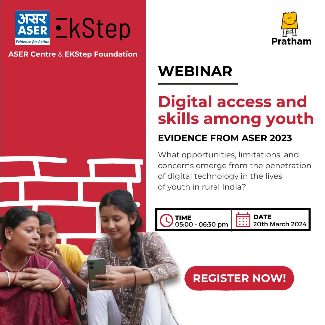 #webinar alert! ASER Centre in collaboration with @EkStep_Org is organising a webinar on 'Digital access and skills among youth' with evidence from #ASER2023. Register here: lnkd.in/gm_Ycdmi