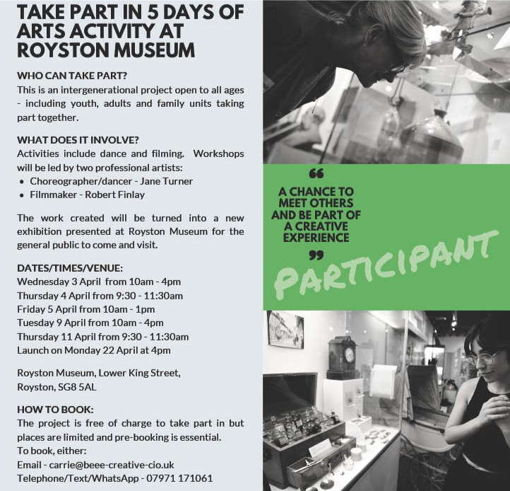 There’s lots going on in April! Head to @stevenagemuseum or @roystonmuseum for 5 days of free arts activities, suitable for all ages 😊🌟🙌 Booking👇 Email: carrie@beee-creative-cio.uk Phone/Text/WhatsApp: 07971 171061 #ProjectPerformTransform is funded by @heritagefunduk