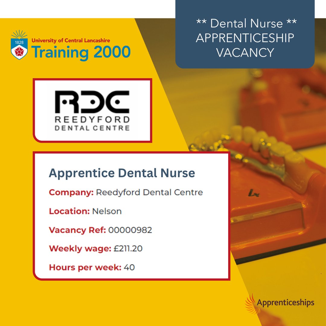 This vacancy is for an Apprentice Dental Nurse based in Nelson. You will help the dentist in performing any type of dental care treatment and processes. Find out more about this role and apply on Training 2000's website ➡ bit.ly/3wONPPE