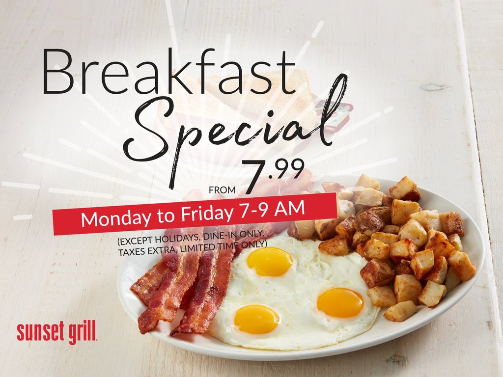 Start your day on a bright note with our NEW irresistible breakfast special! ☀️🍳

Available in-store Monday to Friday from open to 9 AM* for only $7.99*!

*Except holidays, dine-in only. Limited time only. Price may vary by region. See in-store for details.