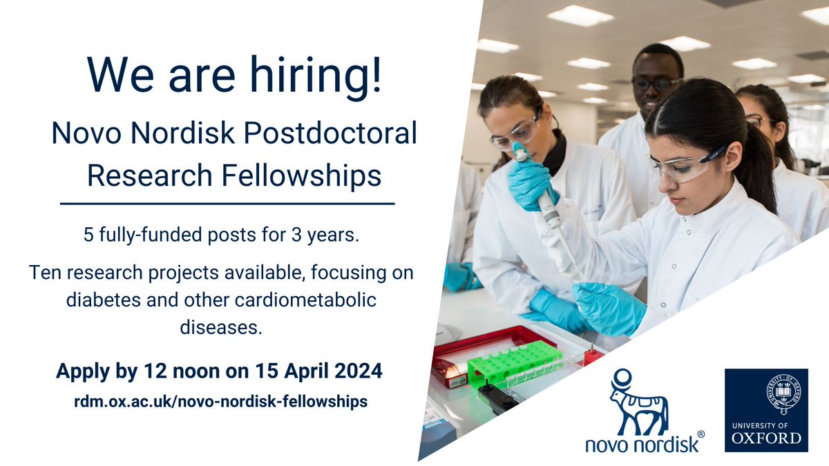The Novo Nordisk – Oxford Fellowship Programme is open for applications. This prestigious programme is focused on research in diabetes, cardiometabolism, liver and renal disease. For information on how to apply, visit rdm.ox.ac.uk/work-with-us/n… #PostdoctoralFellowship #Hiring