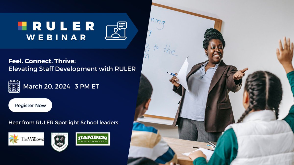 Attention RULER schools! Join our upcoming webinar on 3/20 at 3 PM ET to explore how other RULER schools are improving school climate by cultivating empathy and understanding among educators, students, and families. Register via RULER Online >> ruler.online/announcements