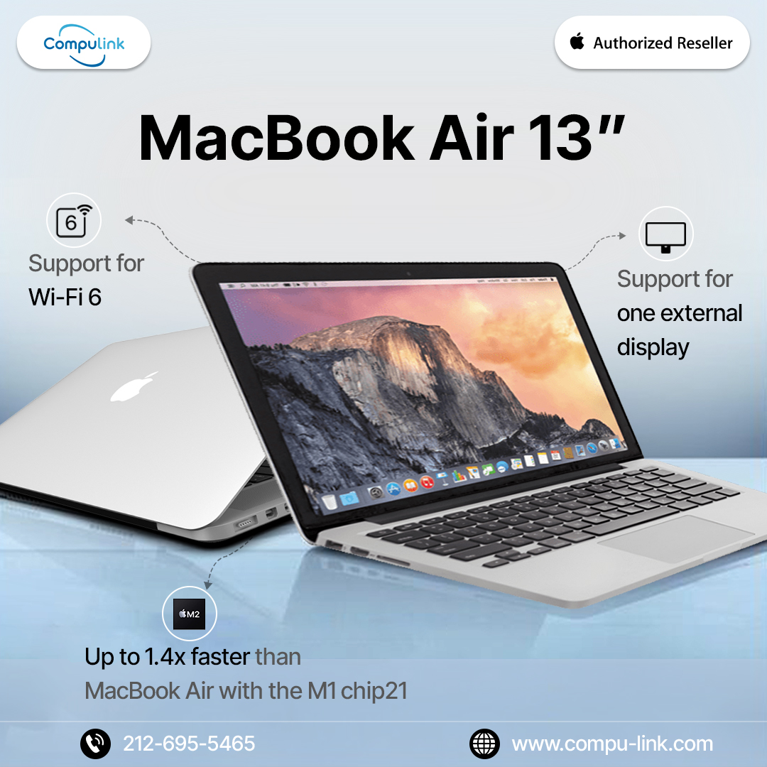 CompulinkTech's tweet image. Experience the powerful #MacBookAir13 with the blazing-fast #M2chip, offering up to 1.4x faster performance than the M1. Enjoy seamless connectivity with #WiFi6 and the ability to connect an external display. 

Call: 212-695-5560

#Apple #MacBook #Laptop #TechLife #Gadgets