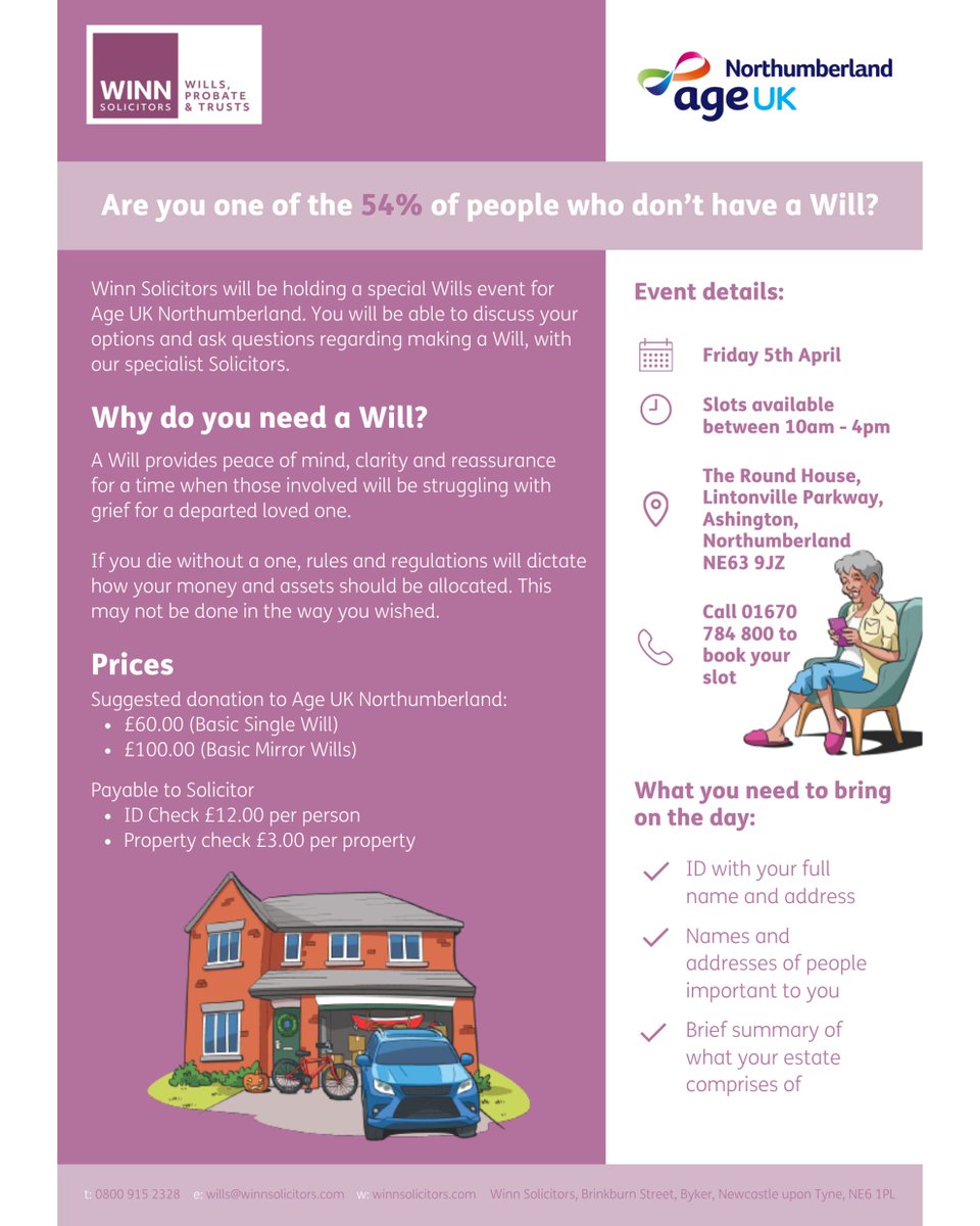 .<a href="/WinnSolicitors/">Winn Solicitors</a> will be running a Wills Day here at The Round House in Ashington on Friday 5 April! 

If you are interested, you can book your place with our Reception team by calling 01670 784 800 or email info@ageuk-northumberland.org.uk