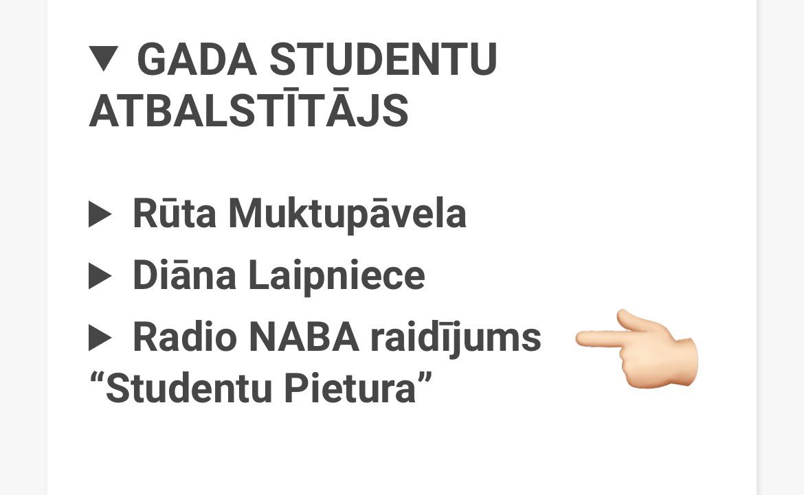 <a href="/L_S_A/">Latvijas Studentu apvienība</a>  Gada balva 2023 ir klāt! 🎉 
Jau pavisam drīz, 22.martā, godināsim 2023. gada izcilākos studentus un ievērojamākos notikumus! 

Balso arī par mums! ❤️
lsa.lv/gadabalva

Publiskajā balsošanā var piedalīties līdz 18.martam (ieskaitot)