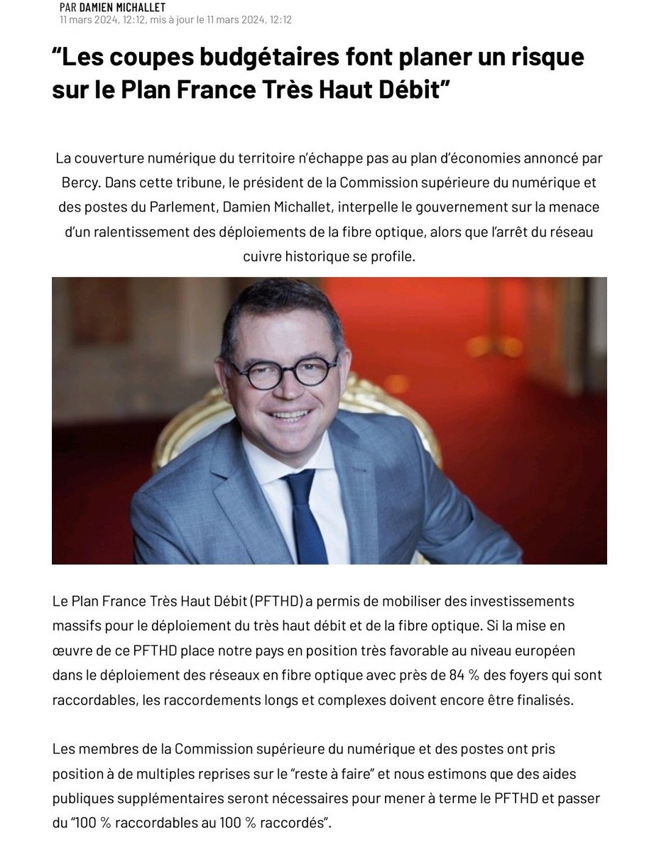 CSNUMPOST's tweet photo. Tribune de M. @DMichallet, sénateur de l'Isère et Président de la CSNP, publiée dans Acteurs Publics sur les conséquences des coupes budgétaires sur le financement du Plan France Très Haut Débit #PFTHD
#fibre #finducuivre #telecoms #thd https://t.co/s7WuwZp6uq