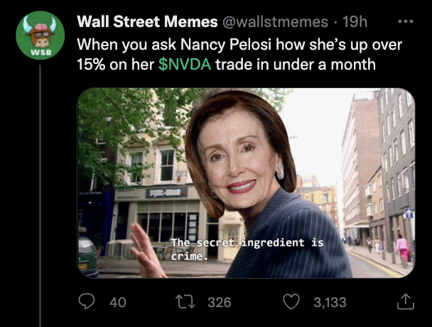 SolanaNvidia's tweet photo. gm

We may have shared some alpha with Nancy Pelosi, get ready for a big day. https://t.co/X5tFZ97hAe