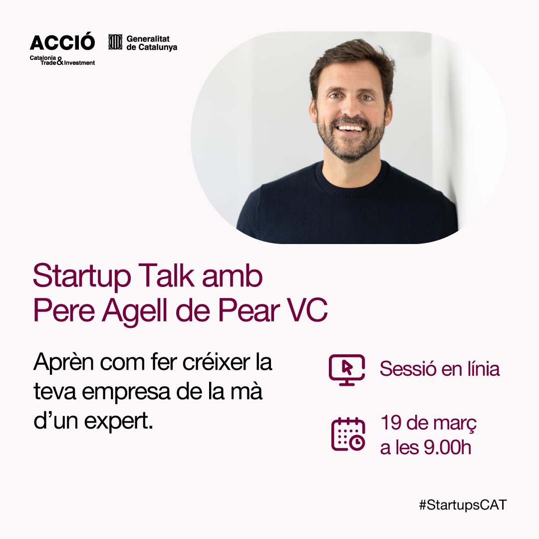 🌐 Vols entrar a nous mercats i fer créixer la teva startup? 

Participa al proper Startup Talk d’ACCIÓ, on @Pepe Agell <a href="/pearvc/">Pear VC</a>, compartirà la seva experiència sobre com preparar una bona estratègia go-to-market

📅 19/3
🕒 9h

Inscriu-te! 📝
agenda.accio.gencat.cat/cercador/-/act…

#StartupsCAT