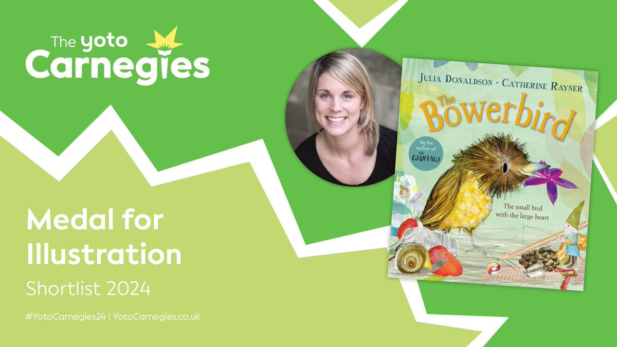 We are thrilled that @catherinerayner has been shortlisted for @carnegiemedals Medal for Illustration 2024 with The Bowerbird, written by Julia Donaldson. 🎉 Huge congratulations Catherine! #YotoCarnegies24