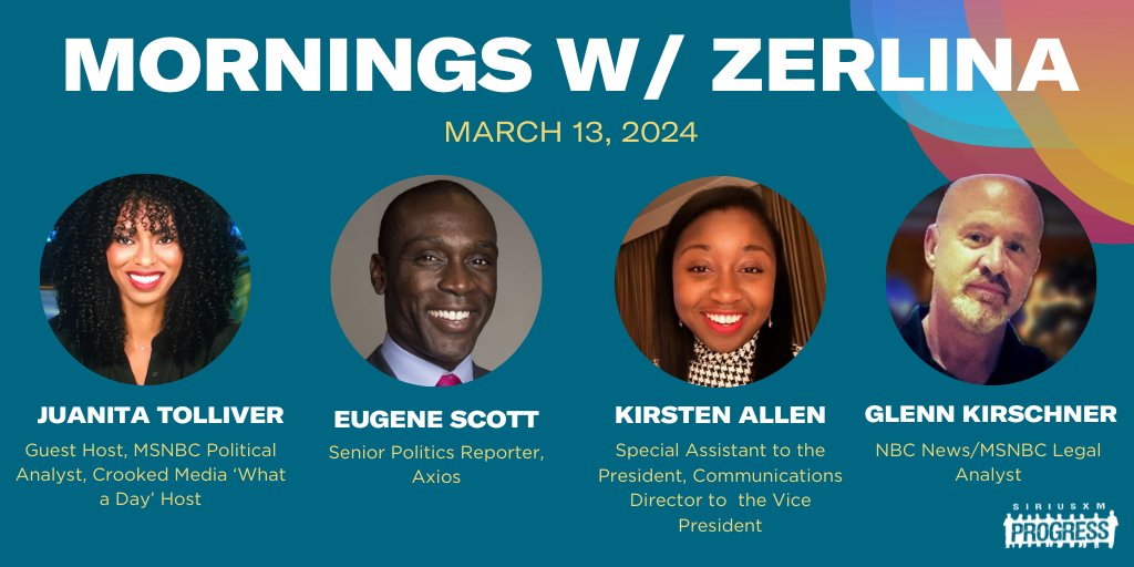 Hello Wednesday! Joining guest host @JuanitaTolliver this morning: @axios Senior Politics Reporter @Eugene_Scott, @VP Communications Director @KirstenAllen46 + @NBCNews @MSNBC Legal Analyst @glennkirschner2! 📻@SiriusXMProg Ch. 127 siriusxm.us/Zerlina