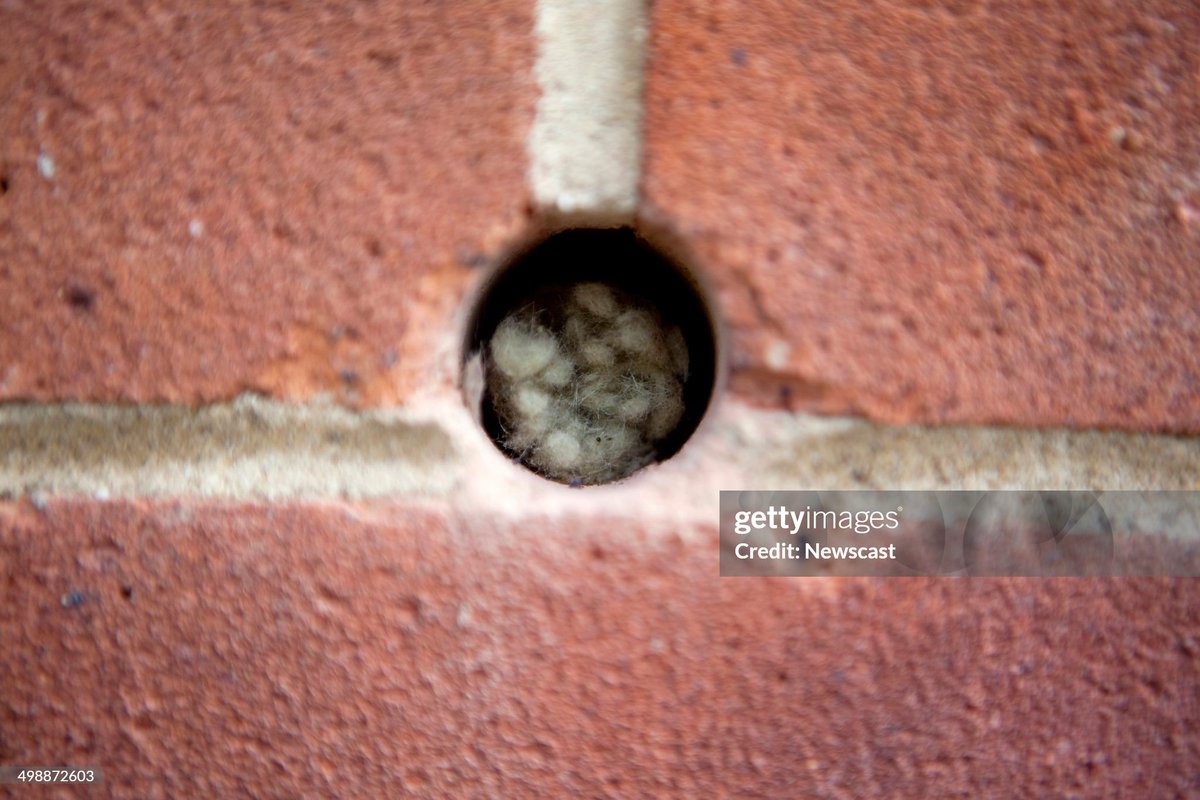 Illustrative image of cavity wall insulation. A worker from Total Insulation Solutions pipes Rockwool into a wall cavity (2009)