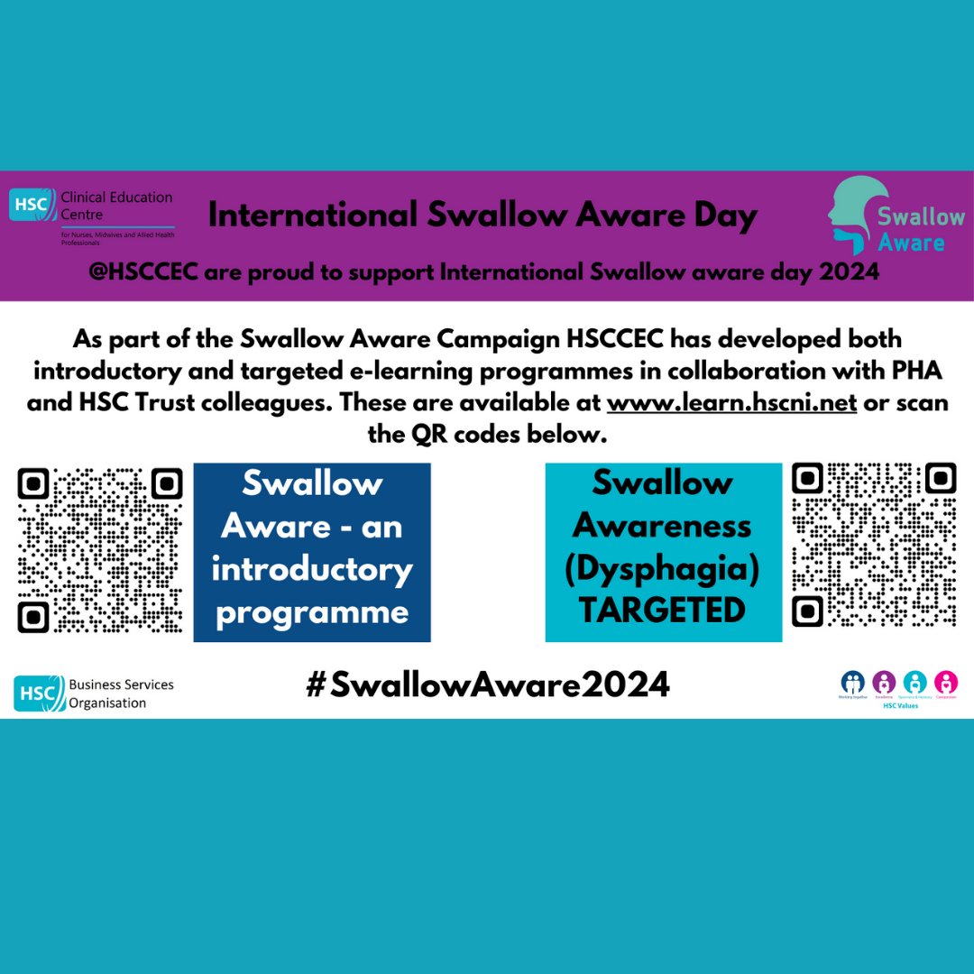 HSCCEC's tweet photo. As part of the Swallow Aware Campaign @HSCCEC has developed both introductory and targeted e-learning in collaboration with PHA and HSC Trust colleagues.  Available at https://t.co/N7Ij1KnRS9  or the introductory one is also available to non HSC staff at https://t.co/3ruYD3PdTS https://t.co/YpbfGavoSf