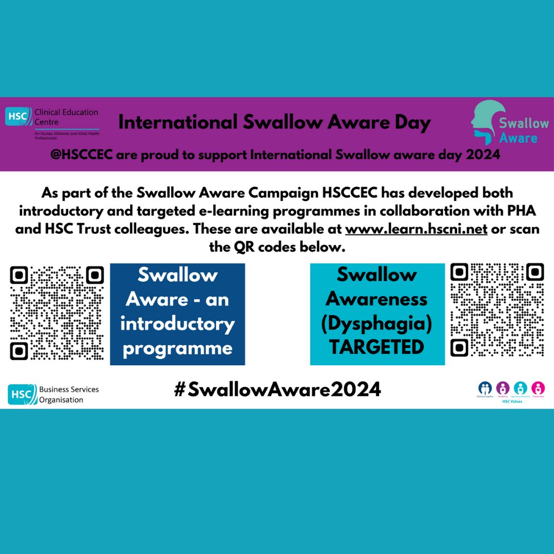 As part of the Swallow Aware Campaign @HSCCEC has developed both introductory and targeted e-learning in collaboration with PHA and HSC Trust colleagues. Available at learn.hscni.net or the introductory one is also available to non HSC staff at cec.hscni.net/learningconten…