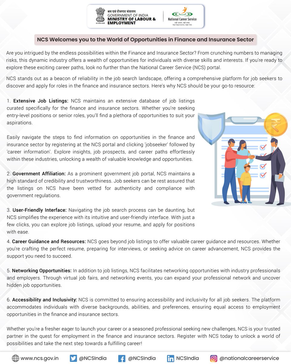 NCSIndia's tweet photo. NCS welcomes all job aspirants interested in the finance and insurance sector.

Please read the blog for more information and visit https://t.co/CzfOtPqxdC

#NCSIndia #jobseekers #jobalert #JobFairAlert #skillsdevelopment #SuccessJourney https://t.co/SEWoibcSUQ