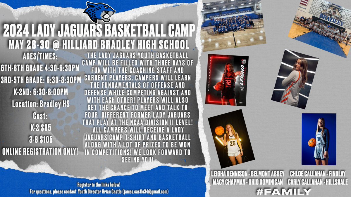 Lady Jaguars Youth Basketball Camp 2024 Link Is LIVE! All info is listed in the flyer. Campers get a t-shirt and brand new basketball! Special guests!! 4 former Lady Jags who are playing at the D2 level right now! Registration Link: form.jotform.com/240576016834154 @HBHSathletics
