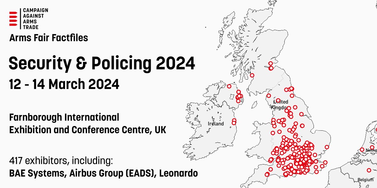 CaatData's tweet image. See the full list of Security &amp;amp; Policing 2024 arms fair exhibitors in CAAT's factfile, along with details of their sectors, including border enforcement, crowd control and surveillance. caat.org.uk/resources/arms…
