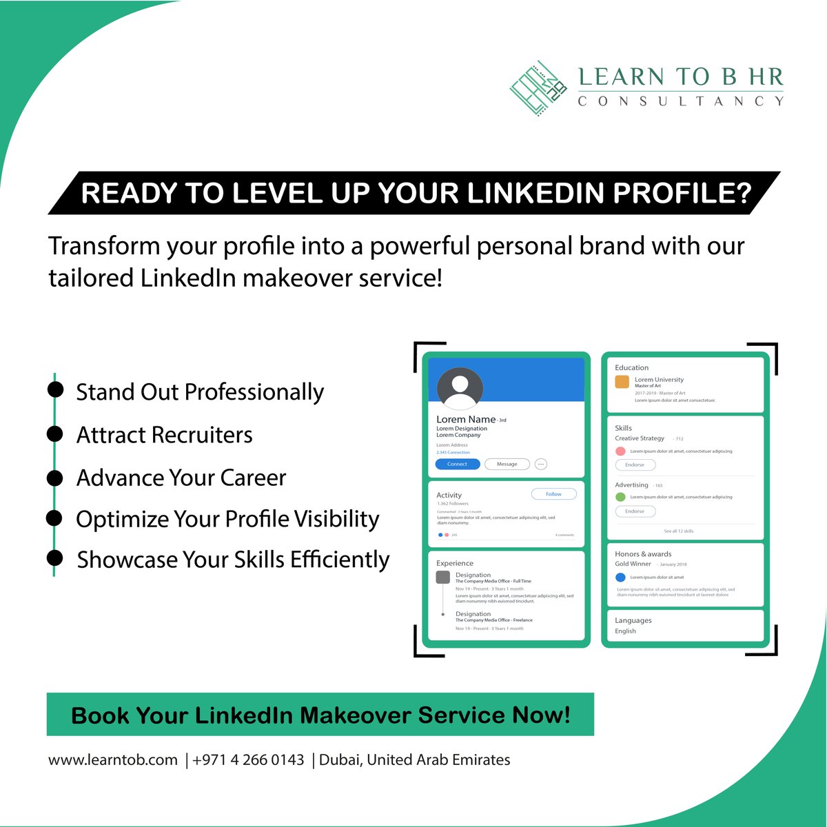 🚀 Ready to level up your LinkedIn profile? 🌟

Transform your profile into a powerful personal brand with our tailored LinkedIn makeover service!
#Learntob #LearnToBHRConsultancy #LinkedInMakeover #PersonalBrand #CareerAdvancement #ProfessionalNetworking #JobSearch