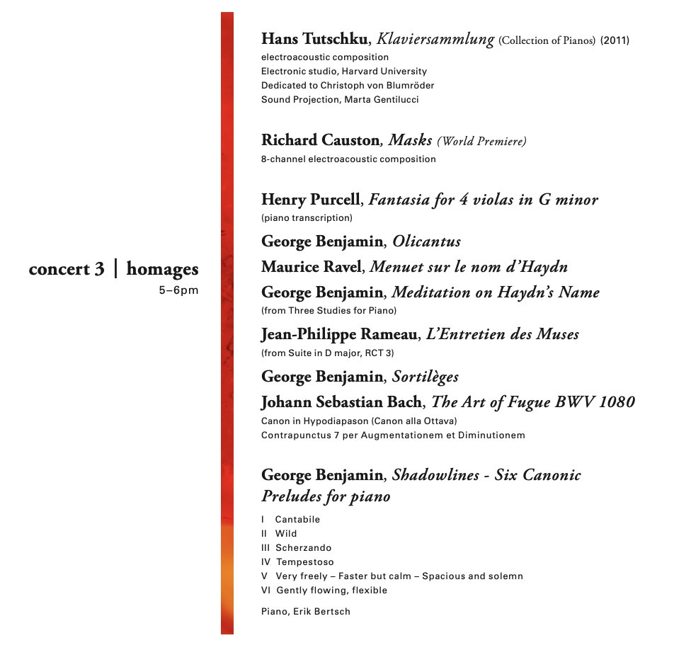 Then at 5pm, internationally-renowned pianist Erik Bertsch will perform music by George Benjamin, alongside works by Rameau, Ravel, Purcell and Bach. The concert will also feature the world premiere of a new electroacoustic composition, Masks, by @rcauston (@Kings_College )