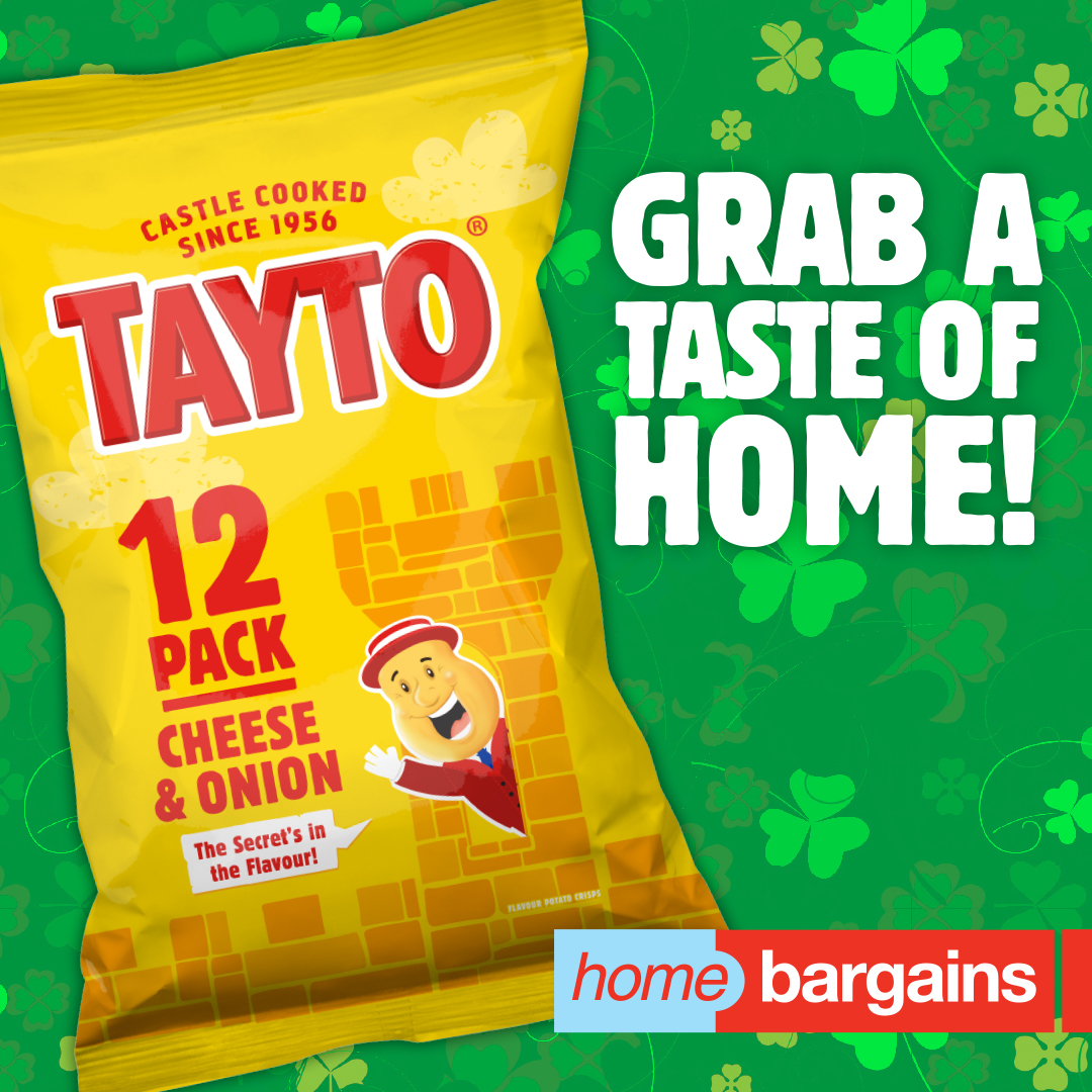 Calling all Tayto fans in GB!👋 Get ready for St Paddy's Day by picking up your favourite 🧀 and 🧅12-pack from your local @homebargains! 💛 #TaytoHappy #HomeBargainsUK #TasteOfHome