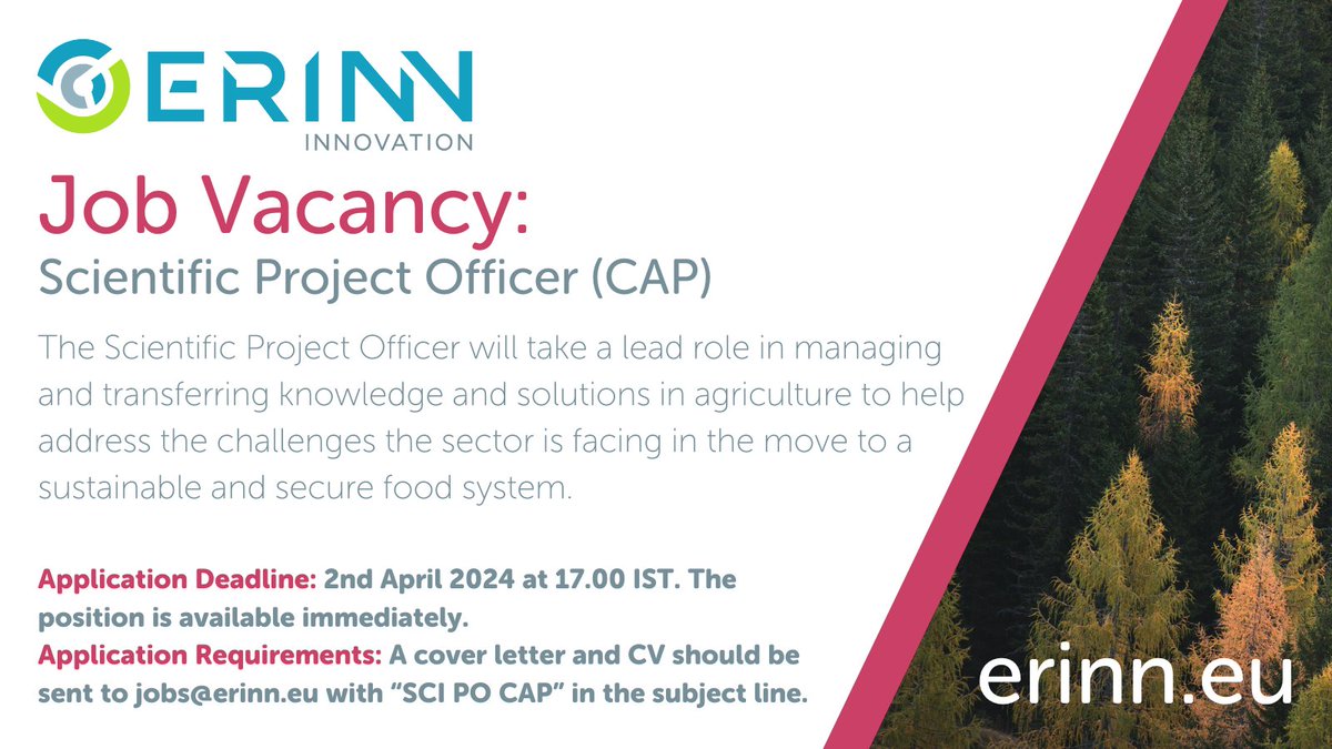 We are #hiring Working with @capnetworkire, to accelerate the uptake of knowledge and innovative practices that ensure the economic, environmental and social sustainability of farming and of rural areas. Full time, 2 year contract, apply before 2 April erinn.eu/careers/scient…