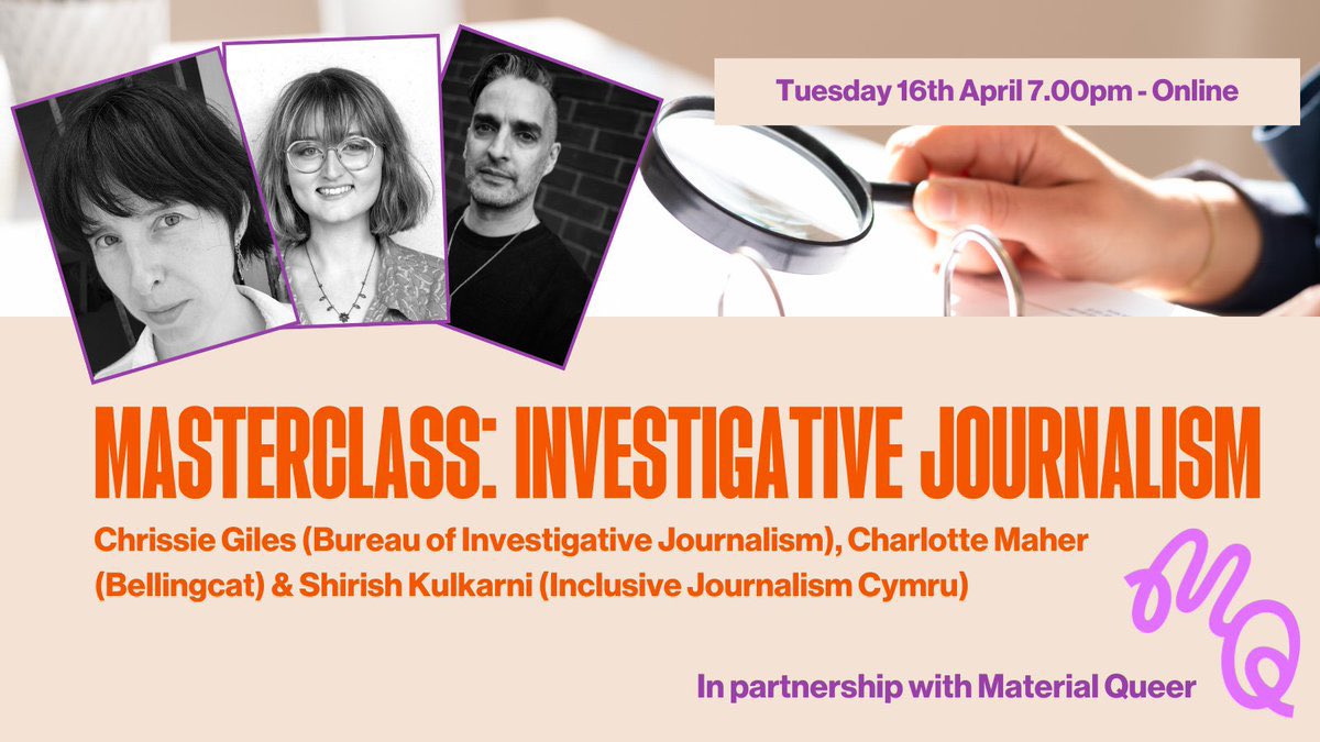 We are so excited to partner with @JournalismCymru, for a free online masterclass all about investigative journalism 🔎

Join special guests @christinagiles, @CharMaher & @ShirishMM to find out more. 

📆 7 - 8pm, Tuesday 16th April

Info and registration: inclusivejournalism.cymru/event/book-our…
