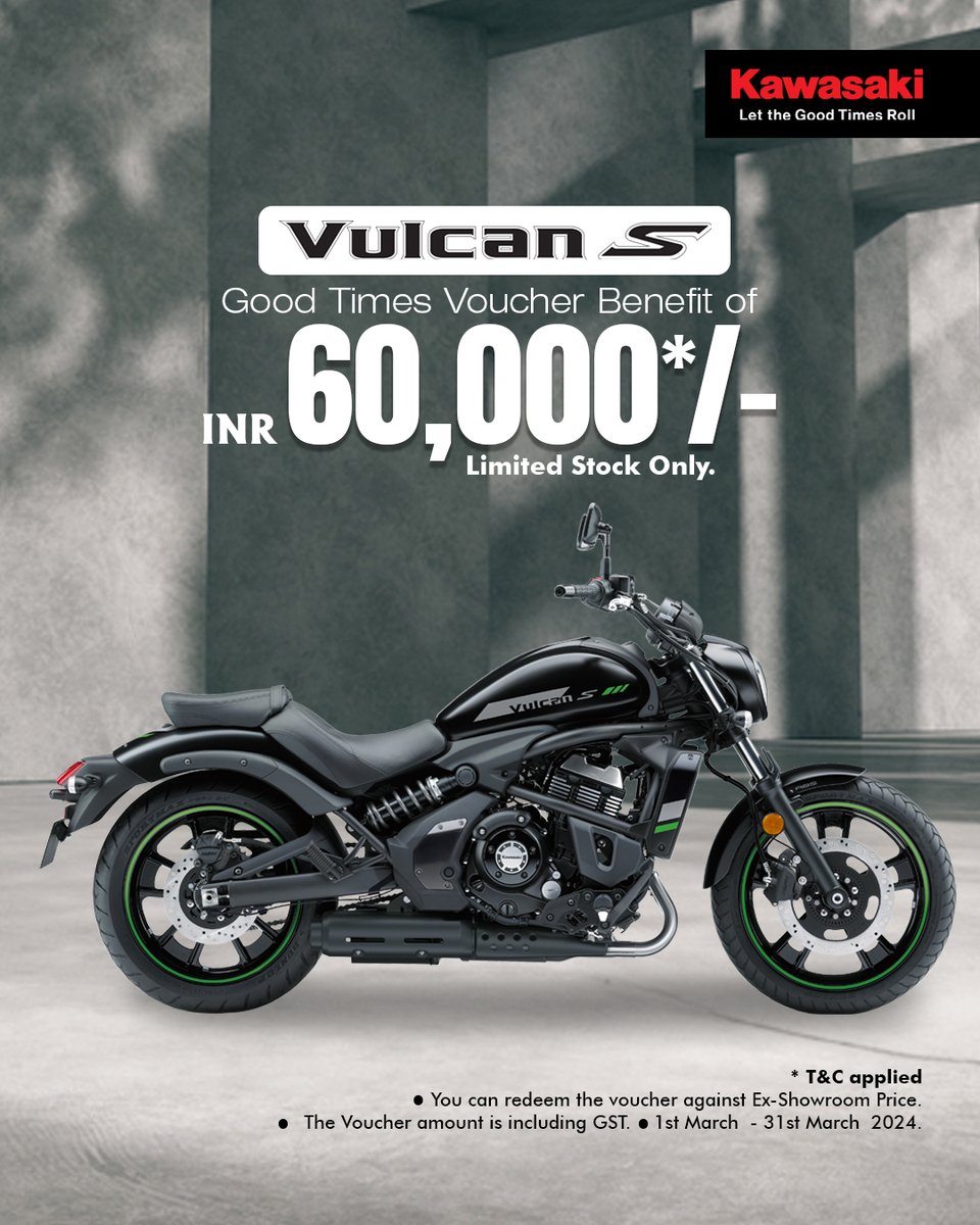 Elevate your ride with endless possibilities, unmatched performance, and bold design. Experience the ultimate freedom with the Kawasaki Vulcan S!! Avail GOOD TIMES VOUCHER benefit of 60,000/- INR(only on limited stocks) Offer lasts till 31st March 2024.(T&C applied)