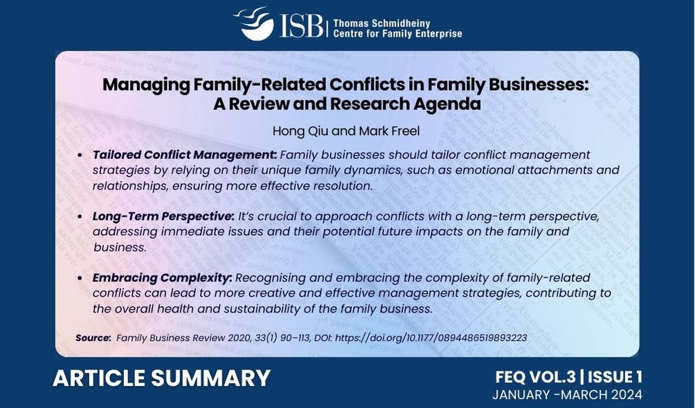 The study titled 'Managing Family-Related Conflicts in Family Businesses: A Review and Research Agenda' by Hong Qiu and Mark Freel was published in the Family Business Review 2020. Read the summary here: tinyurl.com/5crvdk3e
#ThS_CFE #FamilyBusiness