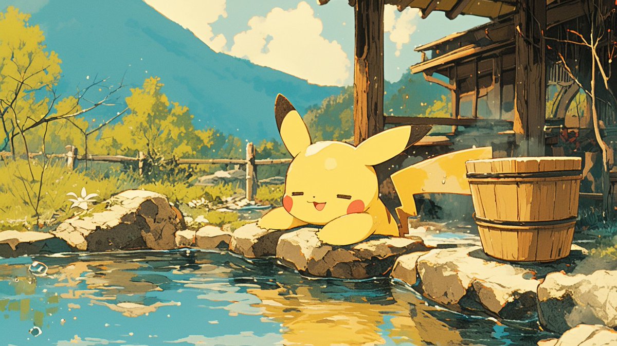 ピカチュウ 「Pikachu at the hot spring 」|tarteのイラスト