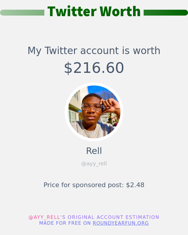 ayy_rell's tweet photo. My Twitter worth is: $216.60

➡️ https://t.co/68j7Ta8Dk1 https://t.co/ZYfwxYP0qD