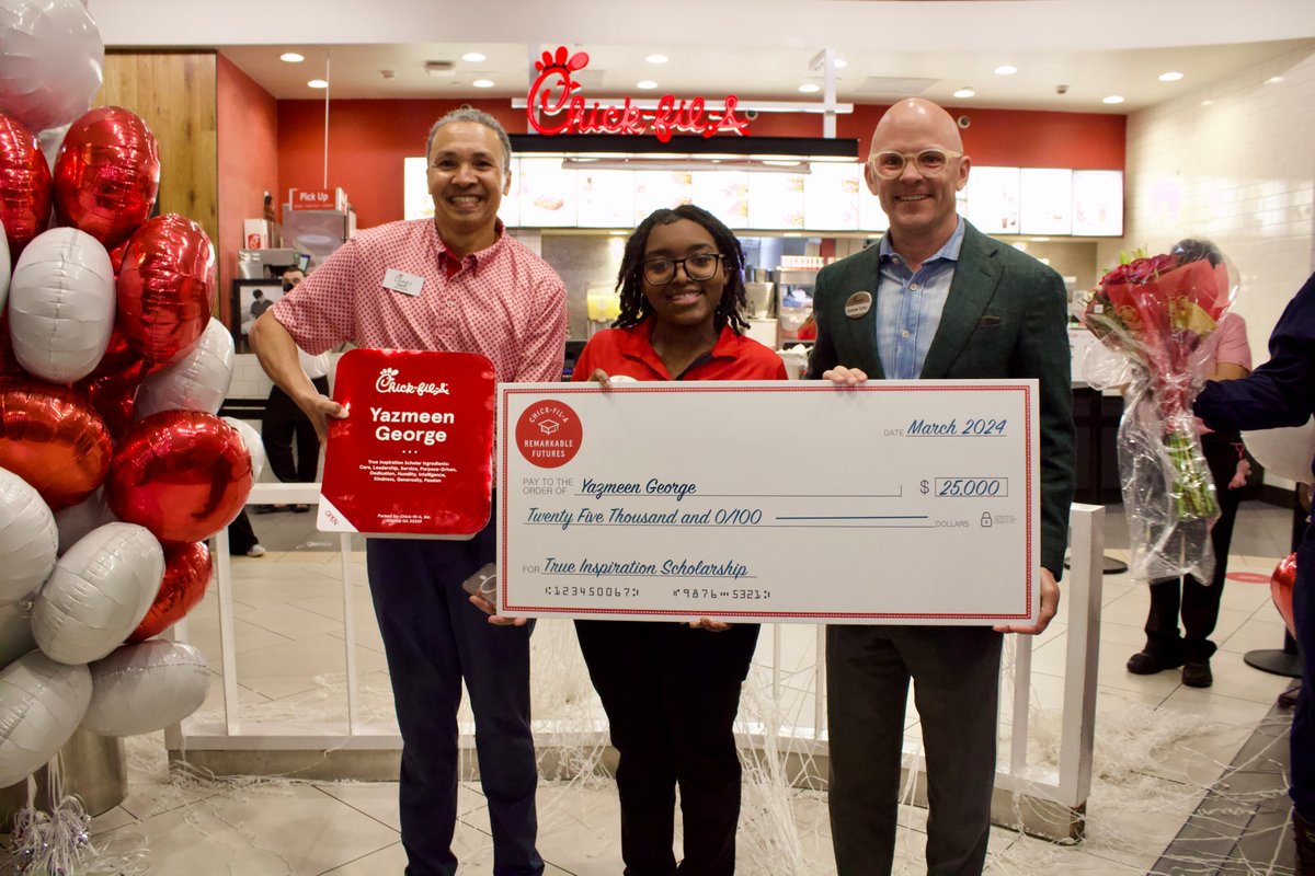 Congratulations to Chick-fil-A Kenwood Towne Centre Team Member Yazmeen George. She was awarded a $25,000 True Inspiration Scholarship by local Operator Garth Truter and Chick-fil-A CEO Andrew Cathy. #education #educationmatters #cincinnati #chickfilaislife