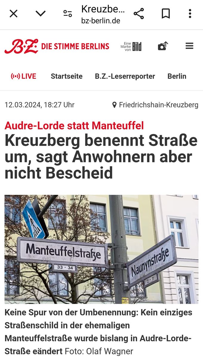 'Seit September vergangenen Jahres heißt der nördliche Teil der Manteuffelstraße in Berlin-Kreuzberg Audre-Lorde-Straße. So steht es im Amtsblatt. Dumm nur, dass die Anwohner nichts davon wissen …'

bz-berlin.de/berlin/friedri…

.