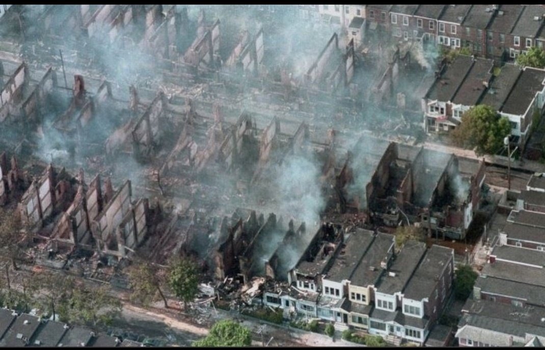 On May 13 1985, the Philadelphia police bombed a West Philly neighborhood, specifically the house of Black liberation group MOVE, ki!!ing 11 members, including 5 children, destroying 61 homes and leaving 250 people homeless.