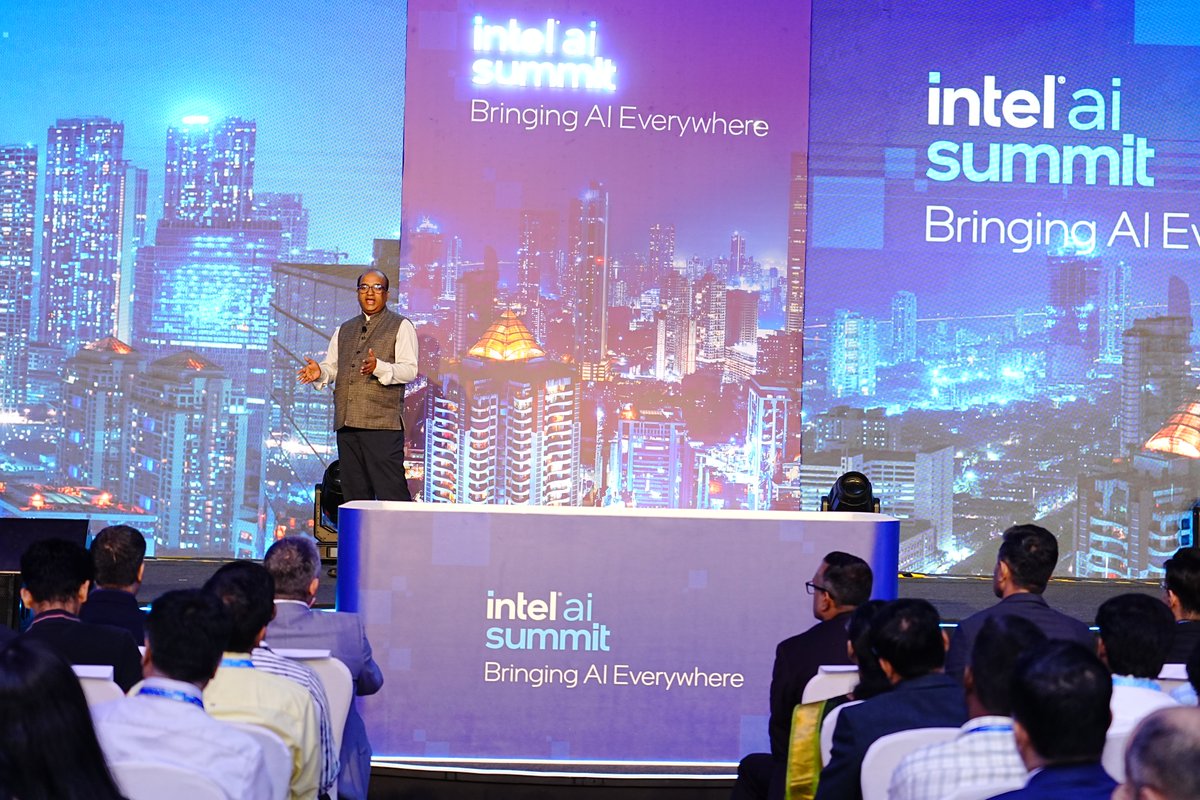 At the #IntelAISummit held in Bangalore,
<a href="/abhish18/">abhishek singh</a> spoke about leveraging strategic partnerships to maximize India's AI potential, citing the success of #Aadhaar, #UPI &amp; #CoWIN. He stressed collaboration across government, academia, and industry as key to #BringingAIEverywhere