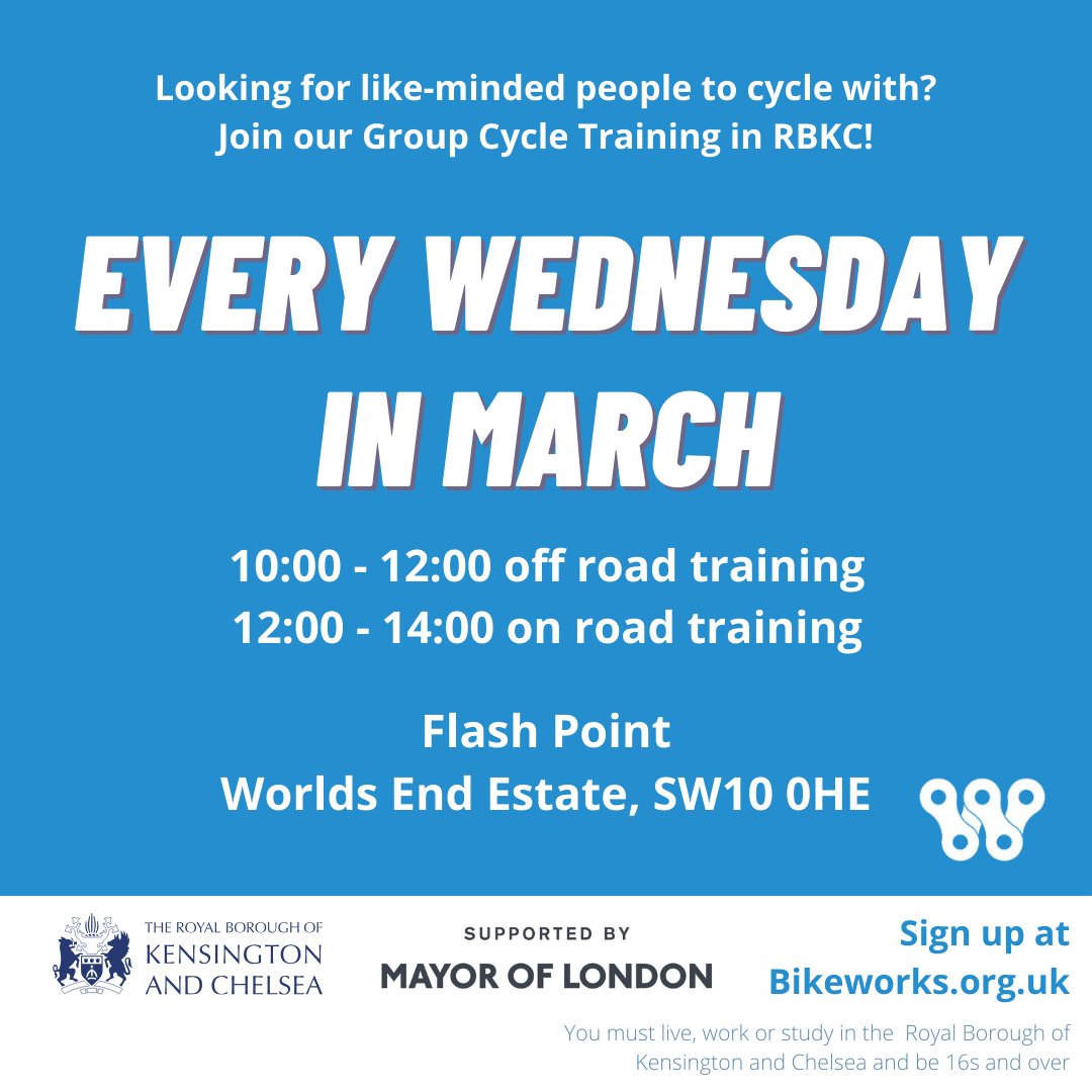 EVERY WEDNESDAY IN MARCH! 🚴‍♀️✨ Join our Group Cycle in Kensington & Chelsea. Meet-up Flashpoint (SW10) Need to borrow a cycle? Let us know. #CyclingCommunity #CycleTraining #GroupCycling #Bikeworks