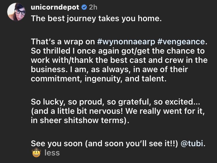 jess_qualls's tweet photo. “They really went for it, in sheer shitshow terms.”

The best cast and crew went all in to give the best fans the best show. So very grateful for @emtothea, @Tubi and @SEVEN24films, and I can’t wait to go back home for 90 minutes soon. 📫💙🥹 #WynonnaEarp #Vengeance https://t.co/2TAK6zqidJ
