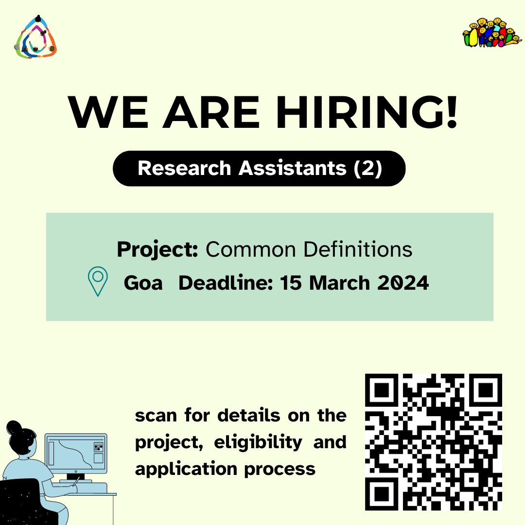Vacancy Announcement! Position: Research Assistant (2) Location: Sangath, Goa, India Duration: 9 months Scan the QR code to get more details on the project, eligibility and the application process. @SangathIndia