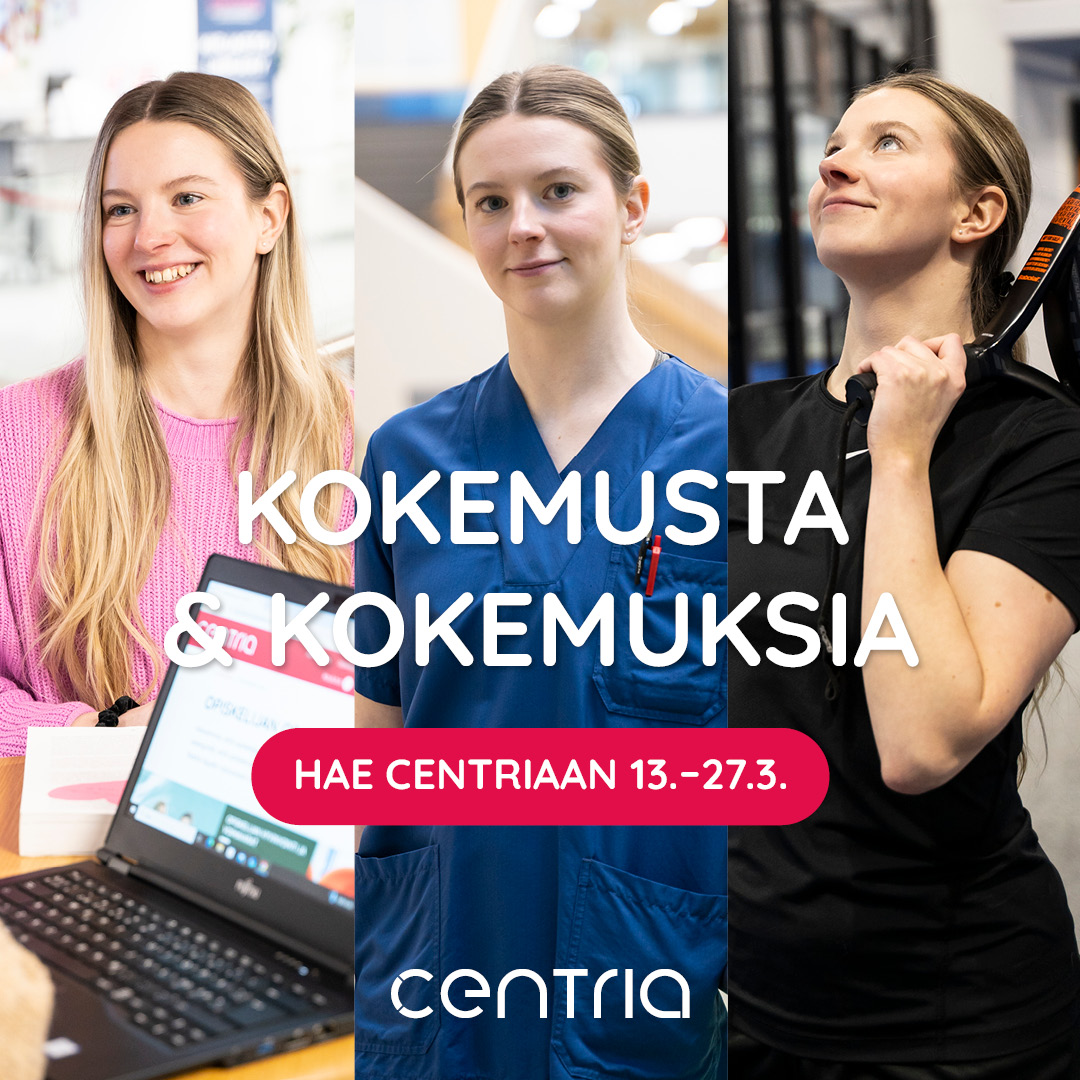 Kokemusta & kokemuksia työelämästä & elämästä 💯 Yhteishaku on täällä ja seuraavan kahden viikon ajan haku Suomen tyytyväisimpien opiskelijoiden joukkoon on auki! 🔗 Tutustu koulutuksiimme ja hae osaksi yhteisöämme 27.3. mennessä osoitteessa centria.fi/hae!