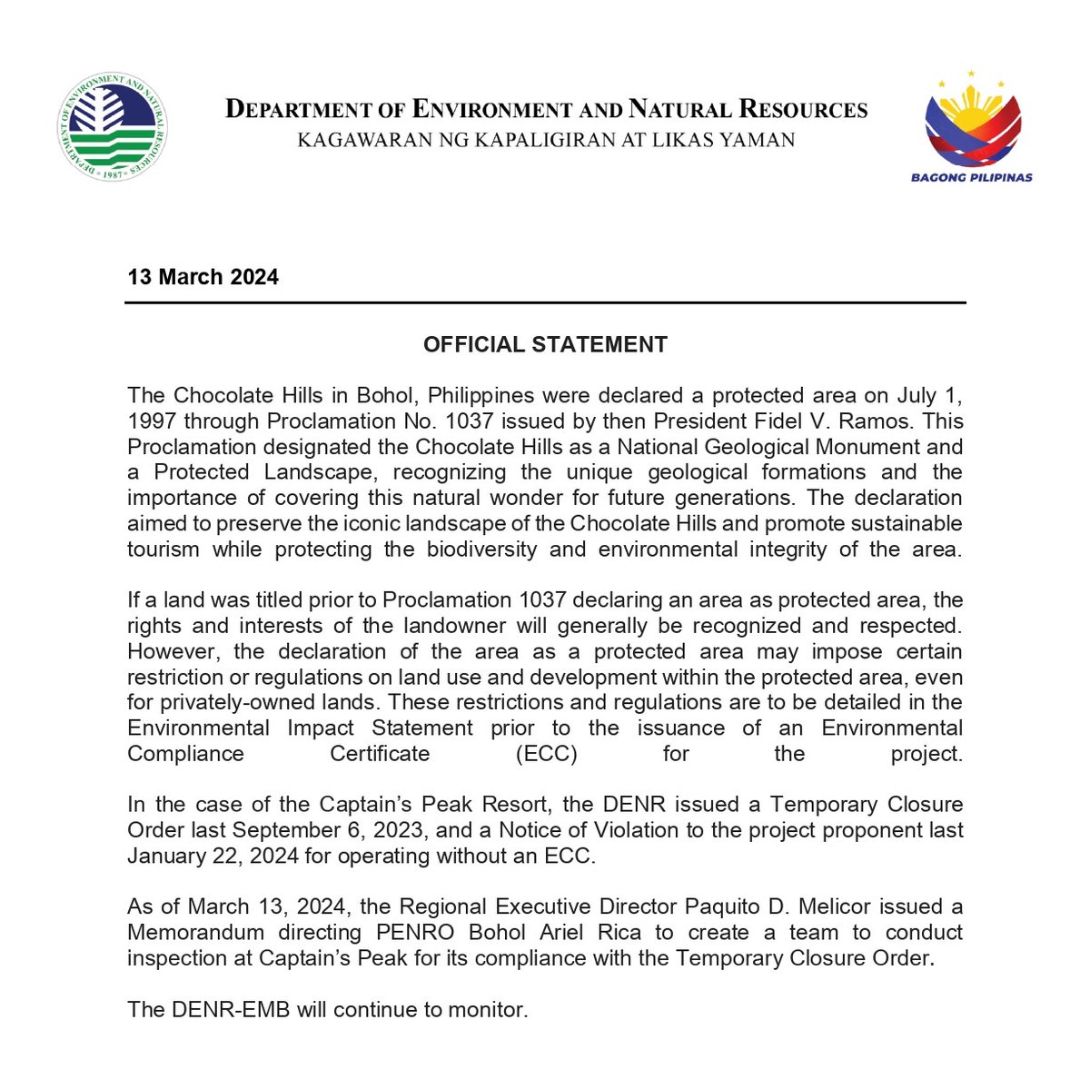 DENR STATEMENT ON THE CHOCOLATE HILLS IN BOHOL